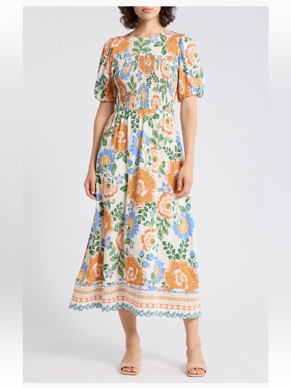 Ellen Tracy Floral Puff Sleeve Smocked A-Line Midi Dress Sz XL